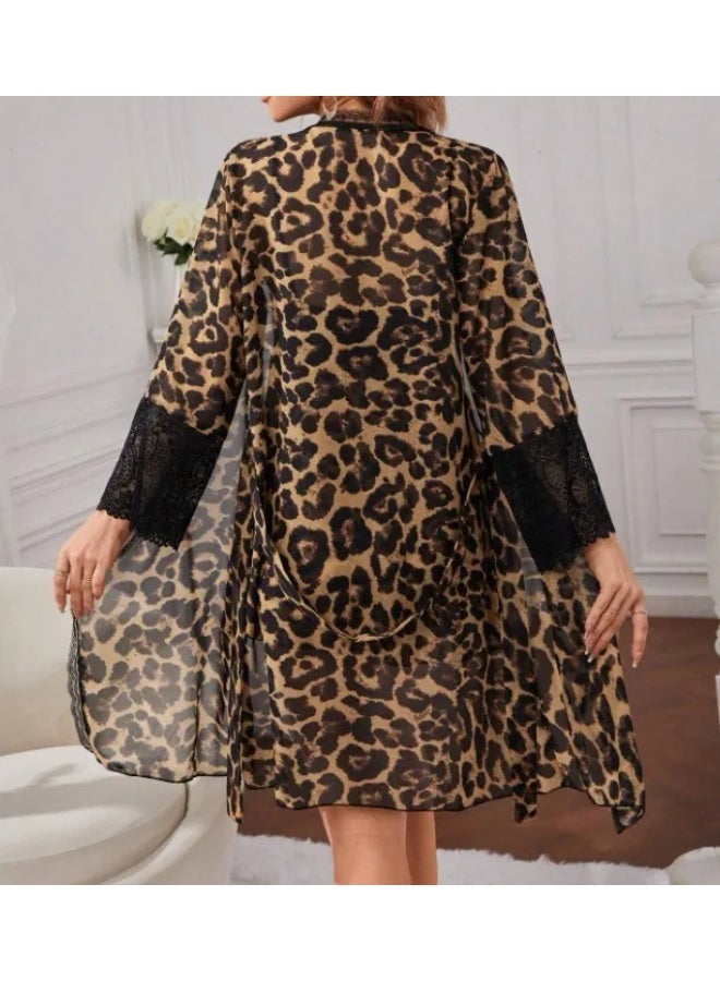 Women's 3 Pieces Leopard Print Home Dress Set, Premium Imported Butter Fabric, V-Neck Mini Nightdress with Lantern Sleeves, Soft Breathable Loungewear and Sleepwear, Brown and Black - Image 5